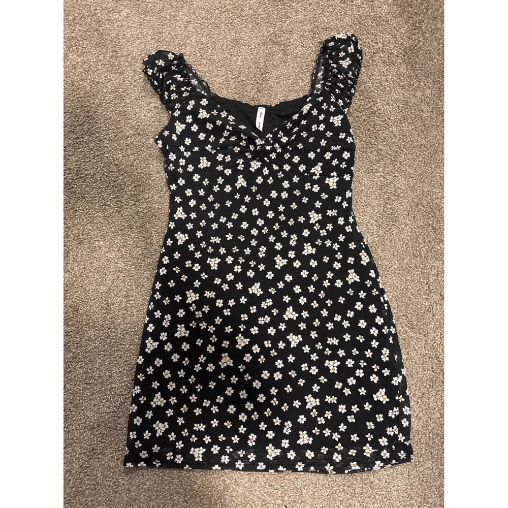 7DAY WKND Floral Mini Dress Womens S Black Excellent Daisy Ruffle Knot Front